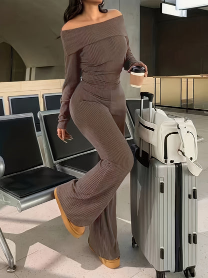 Autumn And Winter Solid Color Two-Piece Set, Sexy Off-The-Shoulder Top + Wide-Leg Flared Pants Suit, Elastic And Soft Ribbed Fabric, Machine Washable