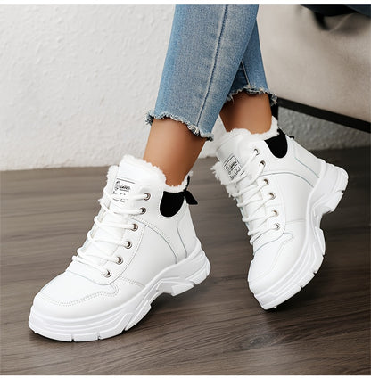 Women's Insulated Winter Boots with Plush Collar & Thick Sole - White Faux Cover Round-Toe Lace-Up Ankle Boots, Cushioned Insole & Arch Support, Warm TPU Outsole for Cold Weather, Casual to Semi-Formal Outfits