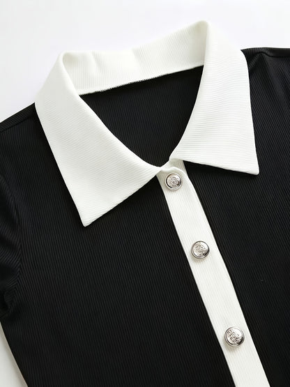 Elegant Black and White Polo Collar Long Dress for Women
