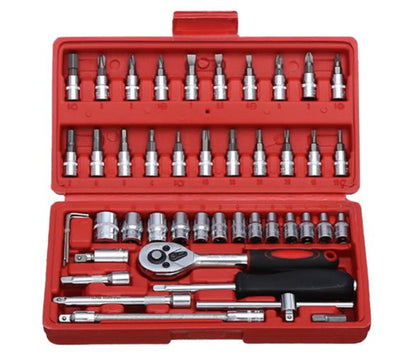 46pcs Heavy-duty Carbon Steel Auto Repair Tool Set | Includes Ratchet Wrenches, Sockets, Shockproof Toolbox, and Additions - Ideal for Projects and Auto Maintenance