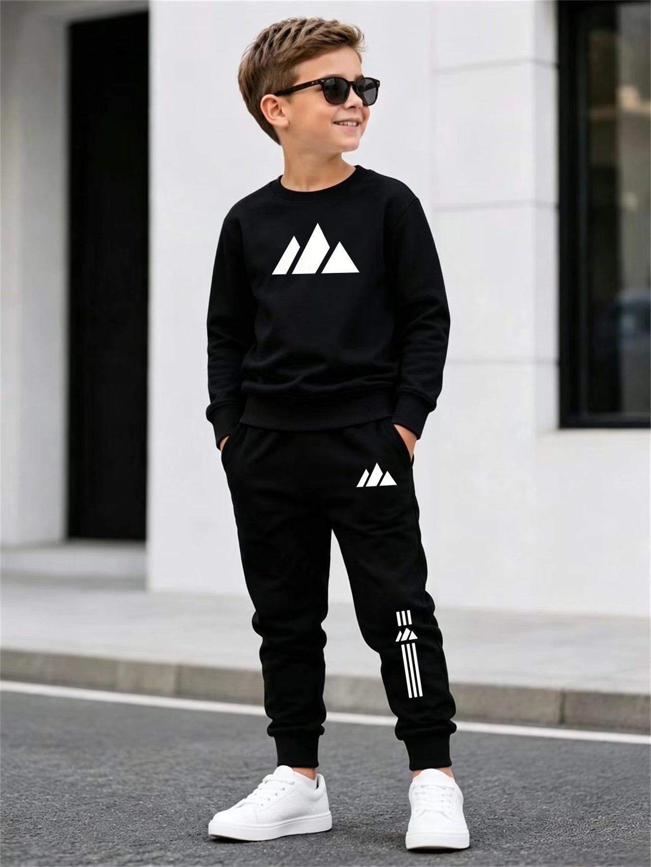 Boys' Mountain Peak Print Hoodie and Pants Set, Soft Polyester
