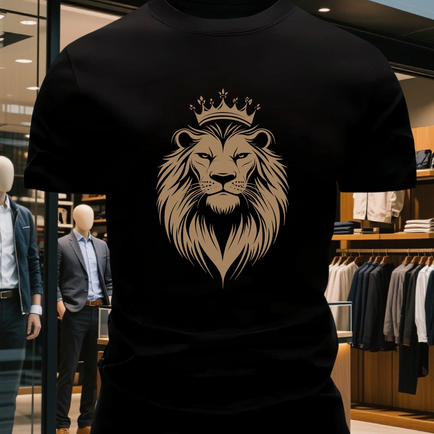 Men's 100% Cotton Crew Neck Short Sleeve T-Shirt with Regal Lion Crown Graphic Print - Navy Blue Casual Comfort Fit, Machine Washable All-Season Versatile Top, Cotton T Shirts, Leisure Clothing, Creative Print Shirt, Soft Tex