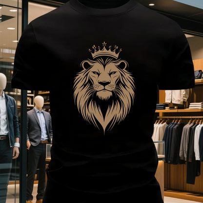 Men's 100% Cotton Crew Neck Short Sleeve T-Shirt with Regal Lion Crown Graphic Print - Navy Blue Casual Comfort Fit, Machine Washable All-Season Versatile Top, Cotton T Shirts, Leisure Clothing, Creative Print Shirt, Soft Tex