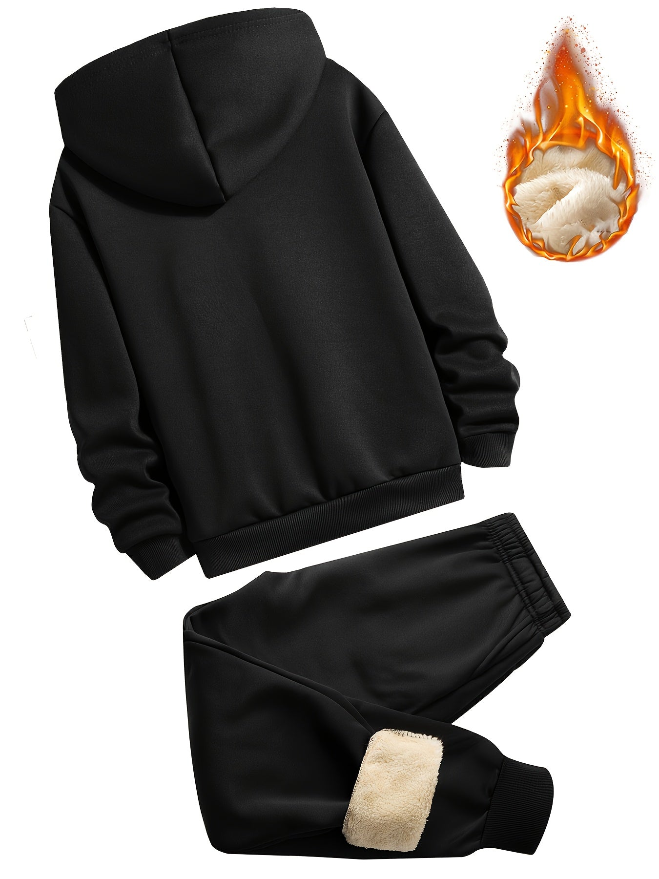 2 հատ տղաների համար նախատեսված բրդյա աստառով գլխարկով սվիտեր + առօրյա տաբատների հավաքածու, միագույն երկարաթև, կայծակաճարմանդով վերնաշապիկ՝ միջին ձգվողության տաք գործվածքից, աշուն/ձմեռ սեզոնի համար, իդեալական է