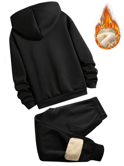 2 հատ տղաների համար նախատեսված բրդյա աստառով գլխարկով սվիտեր + առօրյա տաբատների հավաքածու, միագույն երկարաթև, կայծակաճարմանդով վերնաշապիկ՝ միջին ձգվողության տաք գործվածքից, աշուն/ձմեռ սեզոնի համար, իդեալական է