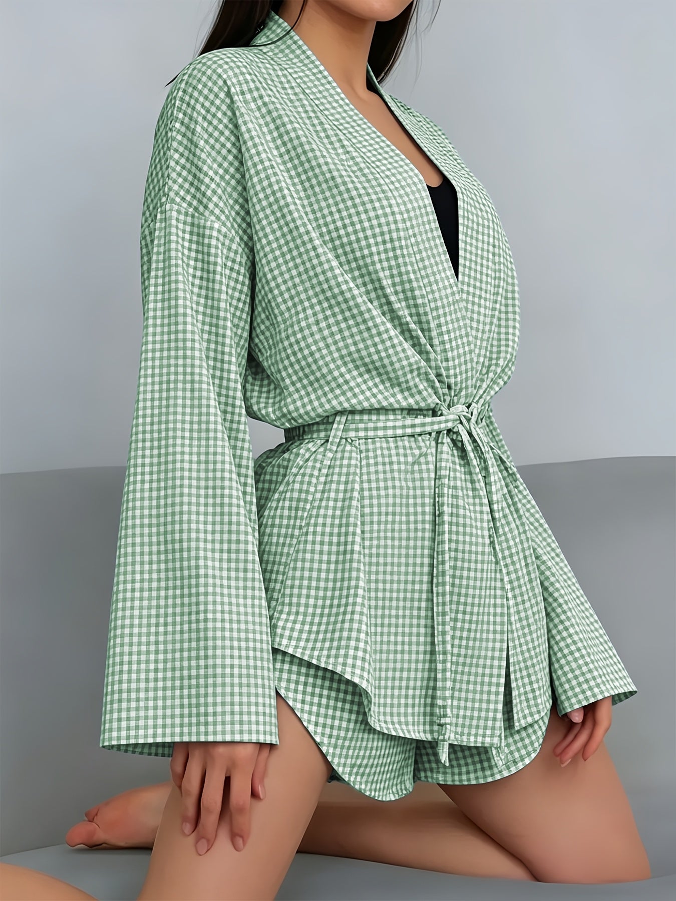 Women's Casual Plaid Viscose-Linen Cardigan Set for Summer