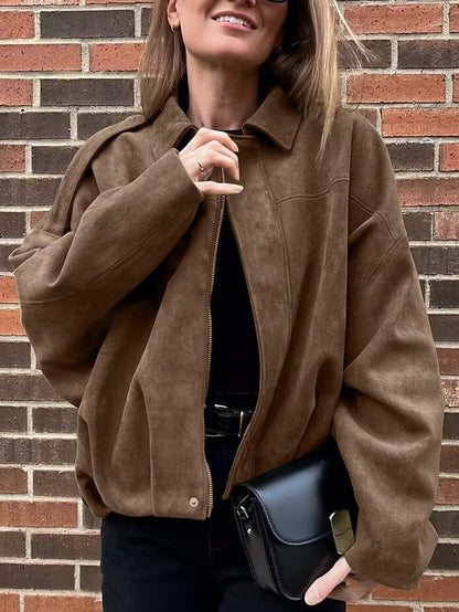 Կանացի վինտաժային բոմբեր բաճկոն - ազատ չափի երկար թևքով, կայծակաճարմանդով և իջեցված ուսերով, շագանակագույն առօրյա վերնազգեստ աշուն/ձմեռ համար, չձգվող գործվածք, իդեալական է առօրյա հագուստի համար, աշուն-ձմեռ բաճկոն | Վինտաժային բոմբեր ոճ | Zipp