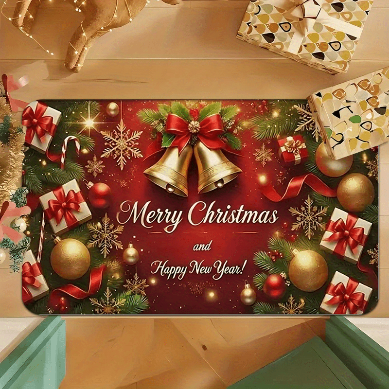 1pc Christmas & New Year Welcome Mat with Merry Christmas & Happy New Year Greeting, Red/Golden/Green Holiday Design, Non-Slip Backing, Heavy-Duty 600g/m² Polyester, Machine Washable Indoor/Outdoor Door Mat with Pine Branche