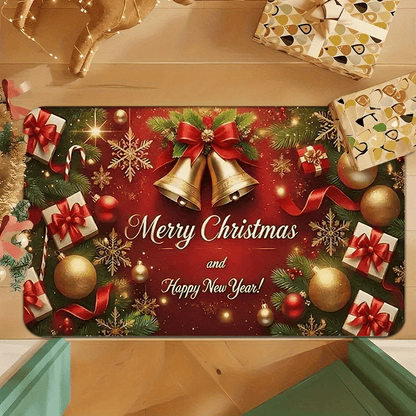 1pc Christmas & New Year Welcome Mat with Merry Christmas & Happy New Year Greeting, Red/Golden/Green Holiday Design, Non-Slip Backing, Heavy-Duty 600g/m² Polyester, Machine Washable Indoor/Outdoor Door Mat with Pine Branche