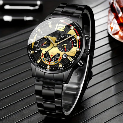 5pcs Men's Luxury Minimalist Watch & Accessory Gift Set - Analog Quartz Watch with Matching Wallet, Fashion Glasses, Keychain & Pen - Business Style for Dad, Birthday or Father's Day Present (, Quartz Movement)