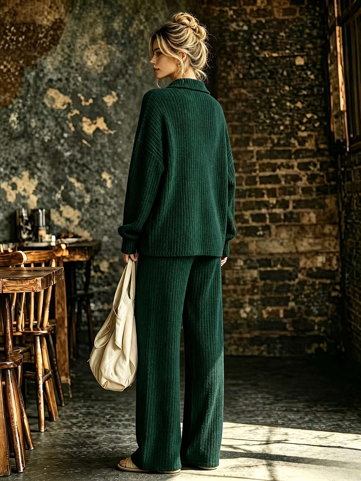 Women's Solid Color V-Neck Long Sleeve Top & Pants Set