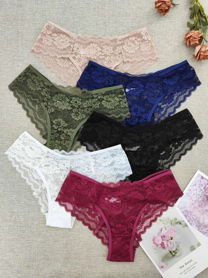 6-Pack Women's Semi-Sheer Lace Bikini Panties - Full Coverage