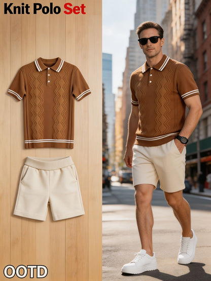 Men's Vintage Knit Polo & Shorts Set with Contrast Trim