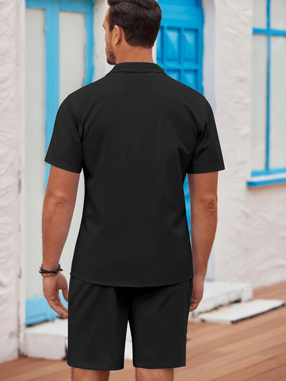 Men'S 2pcs Summer Beach Set, Cotton Linen Blend, Casual Short Sleeve Button- Shirt and Shorts, Solid Color, Lapel Collar, Non-Stretch Fabric, Regular Fit, Woven, 160g/m² - Loungewear Outfit