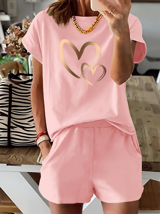 Chic Women's Tan Heart Print Two-Piece Set - Casual Short Sleeve T-Shirt & High-Waisted Shorts, Soft Polyester Blend, Machine Washable, Perfect for Spring/Summer