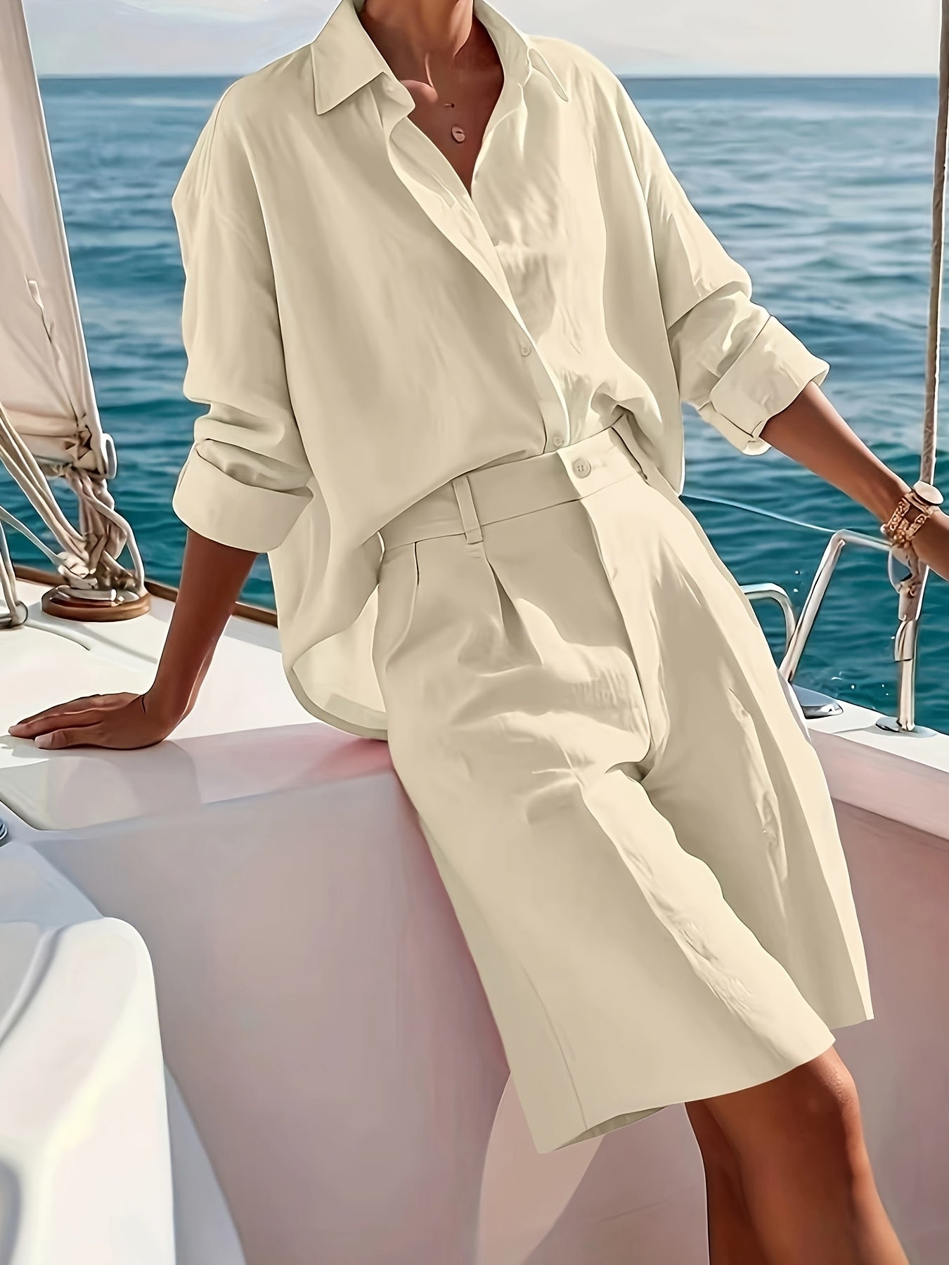 Women's Casual Polyester Button-Down Shirt & Shorts Set