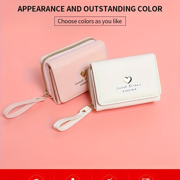 New Women'S Short Wallet, Cute Korean-Style Heart-Shaped, Large Capacity with Multiple Card Slots, Trendy Tri-Fold Design.