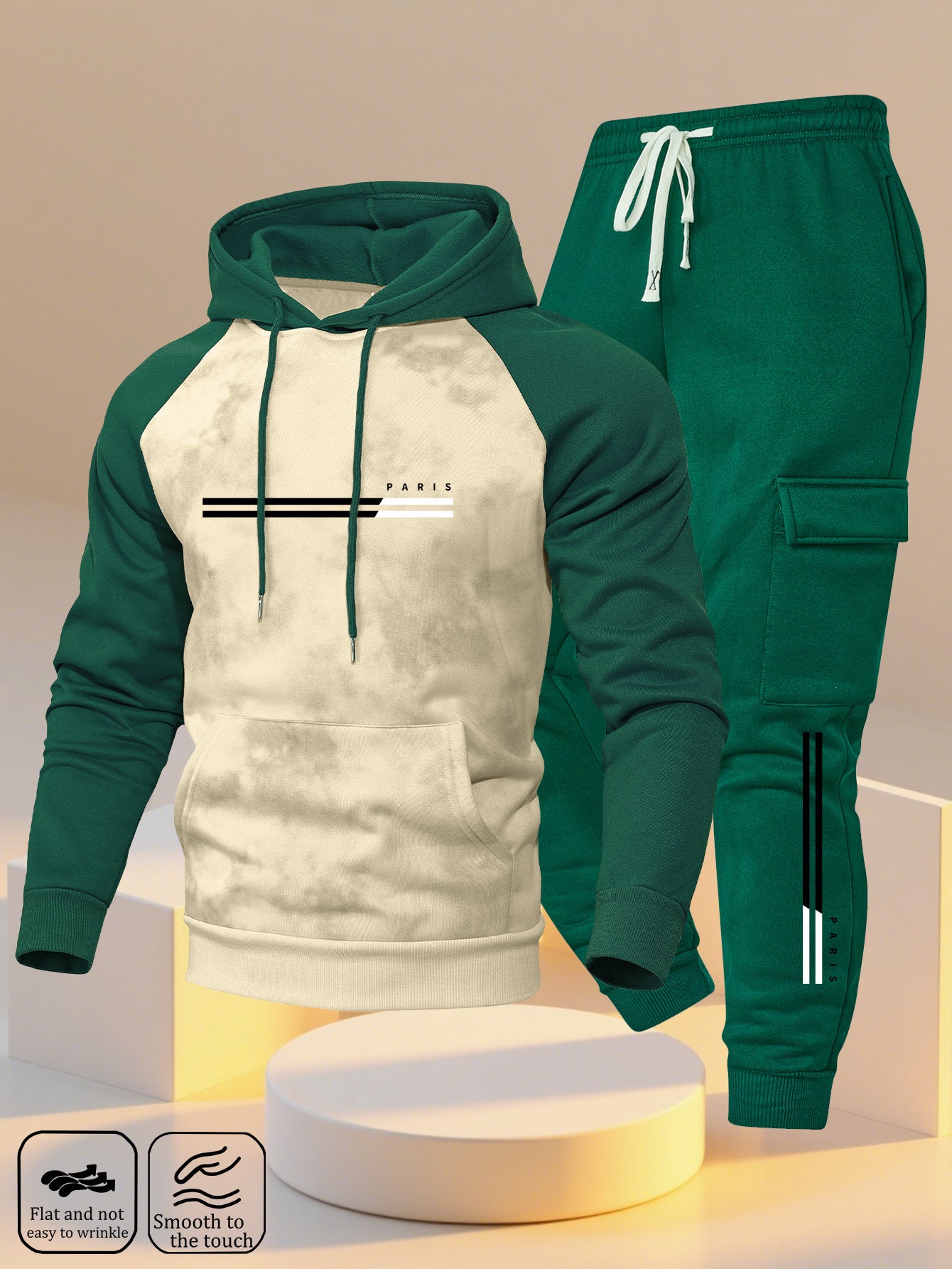 A New Trendy Color-Blocked Hoodie with Raglan Sleeves And Loose-Fitting Cargo Pants Featuring Multiple Pockets, Perfect for Casual Everyday Wear. This Breathable Hoodie And Loose Long Pants Set Comes in a Two-Piece Print Desi