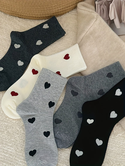 5 Pairs Cozy Women'S Knee-High Socks with Heart Pattern - Polyester and Spandex Blend, Knit Fabric, Machine Washable