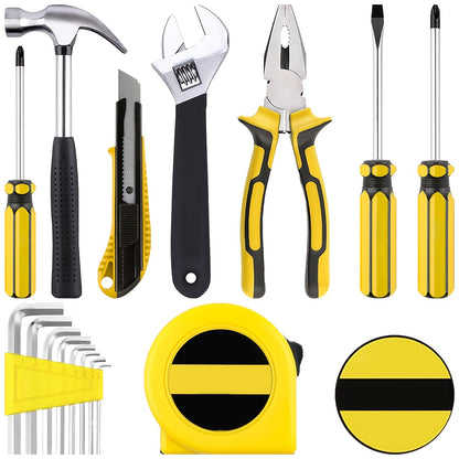 15pcs Heavy-Duty Toolbox & Tool Set with Plastic Case, Hammer, Vise-Grip Style Pliers, Wrench & Screwdriver Suitable for Repair & Car Maintenance - No Assembly Required