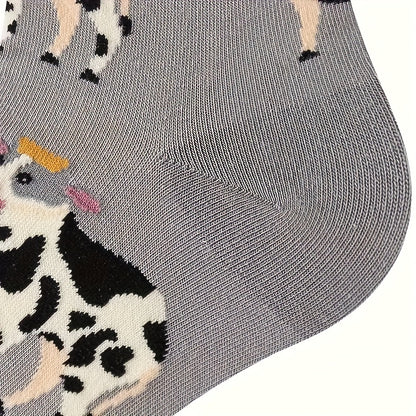 1 Pair Unisex Couple'S Knee-Length Socks, Grey Cow Print, 100% Polyester Knit Fabric, Animal Pattern, Hand Wash/Dry Clean
