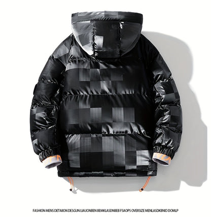 Men's Checkered Graphic Print Padded Outwear With Pockets, Casual Zip Up Long Sleeve Warm Hooded Outwear For Winter Outdoor Activities