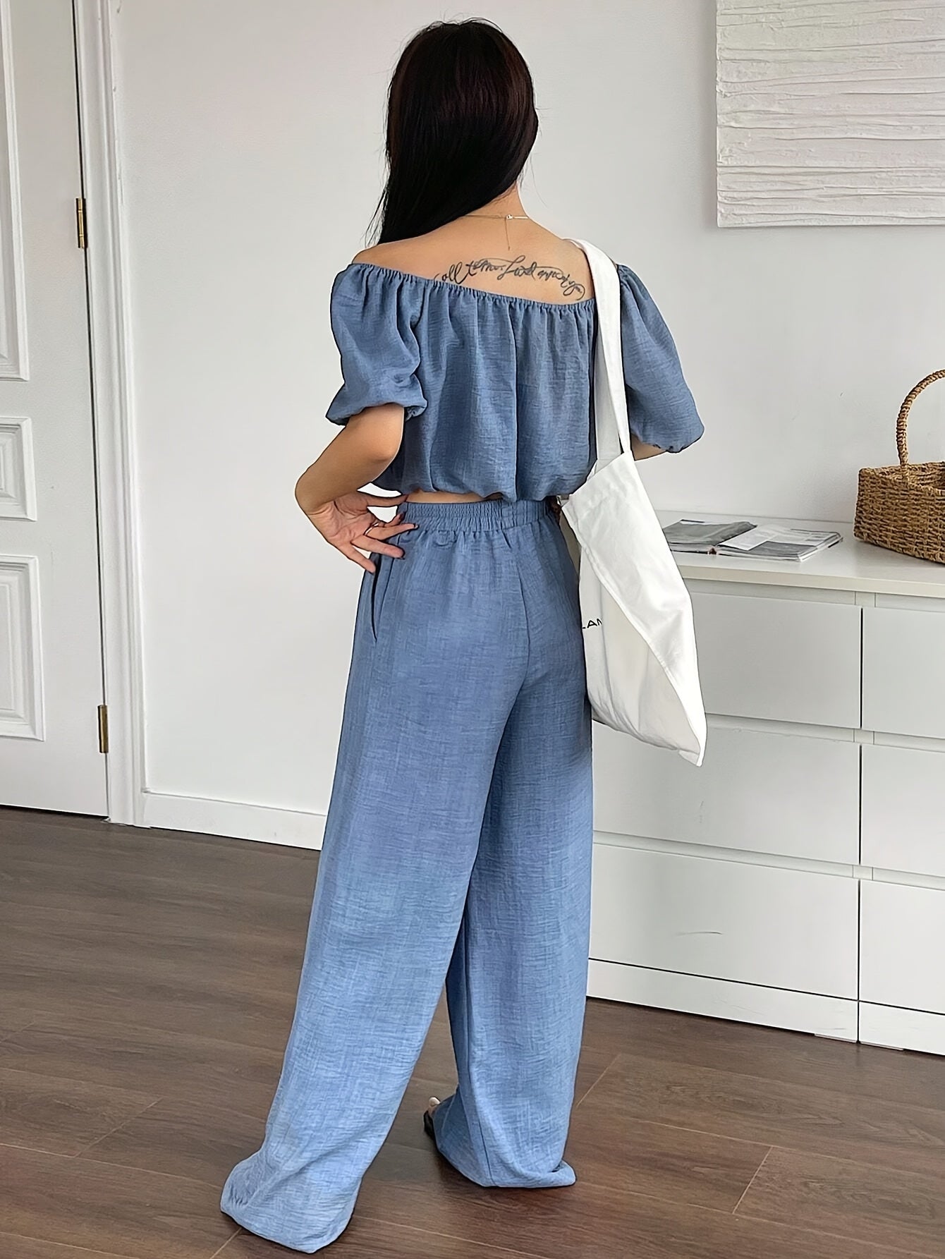 Women's Summer Solid Color Off-Shoulder Puff Sleeve Crop Top and Loose Wide-Leg Pants Two-Piece Set - ayq