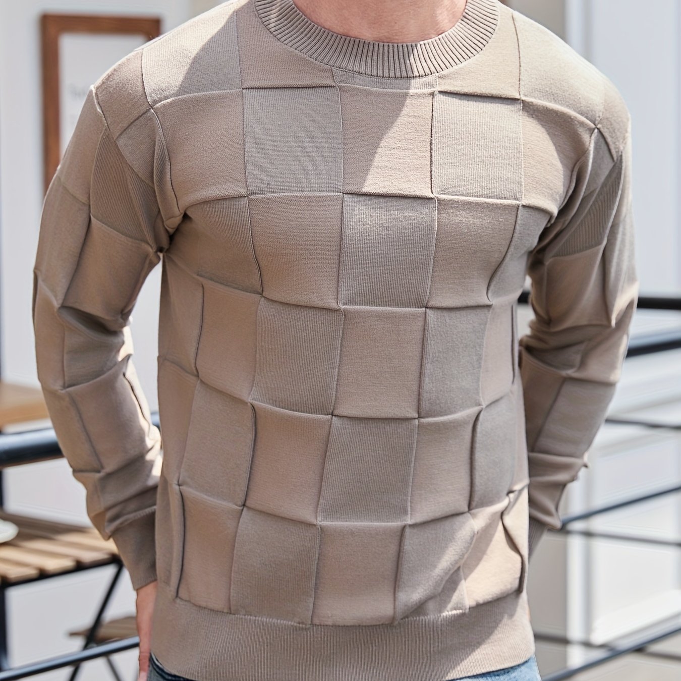 Տղամարդու կլոր վզնոցով, տեքստուրավորված երկրաչափական նախշերով, միագույն սվիտեր, աշնանային և ձմեռային նորաձև երկարաթև սվիտեր