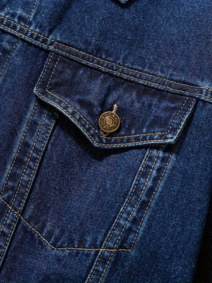 Men's Chic Washed Denim Jacket, Casual Street Style Button Up Contrast Stitching Jacket For Fall Winter