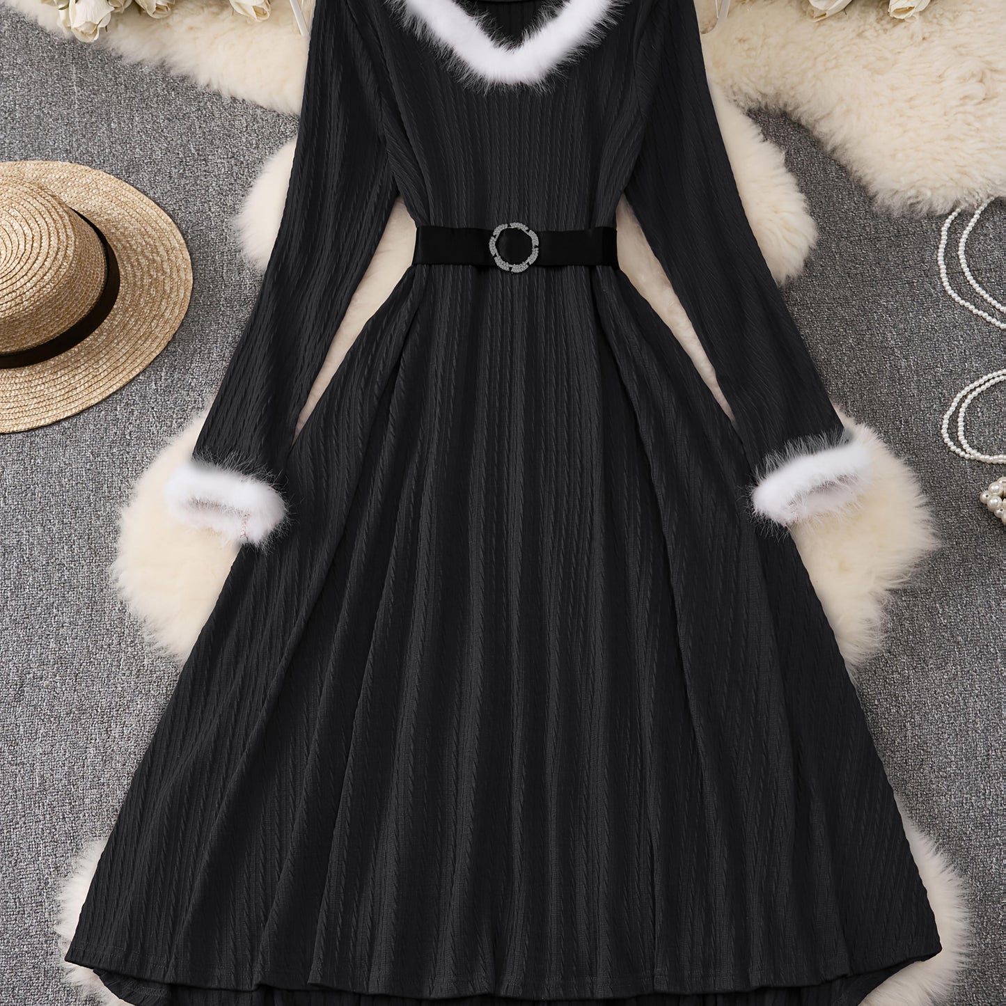 Plus Size - Plus Size, Women'S Elegant Formal Party Dress - Long Sleeve V-Neck with Adjustable Waist Belt, Flared Skirt - Elegant Evening Gown for Christmas, Galas, Weddings - Plus Size Friendly - Black Formal Attire, Formal