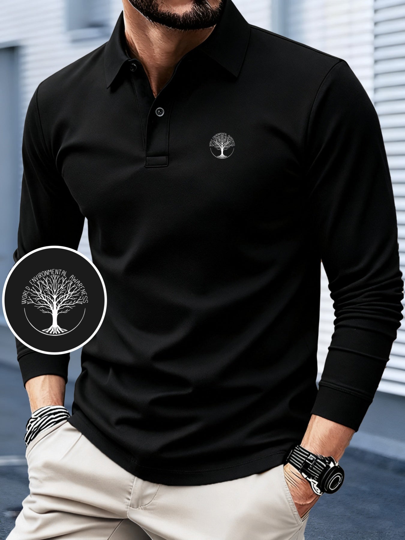 Men's Long-Sleeve Polo Shirt with Tree of Life Print