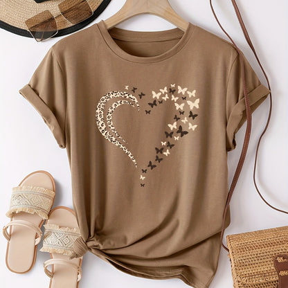 Women's Comfortable and Fashionable Round Neck Top, Casual T-shirt with Butterfly Love Print, Spring and Summer Sports, Women's Clothing
