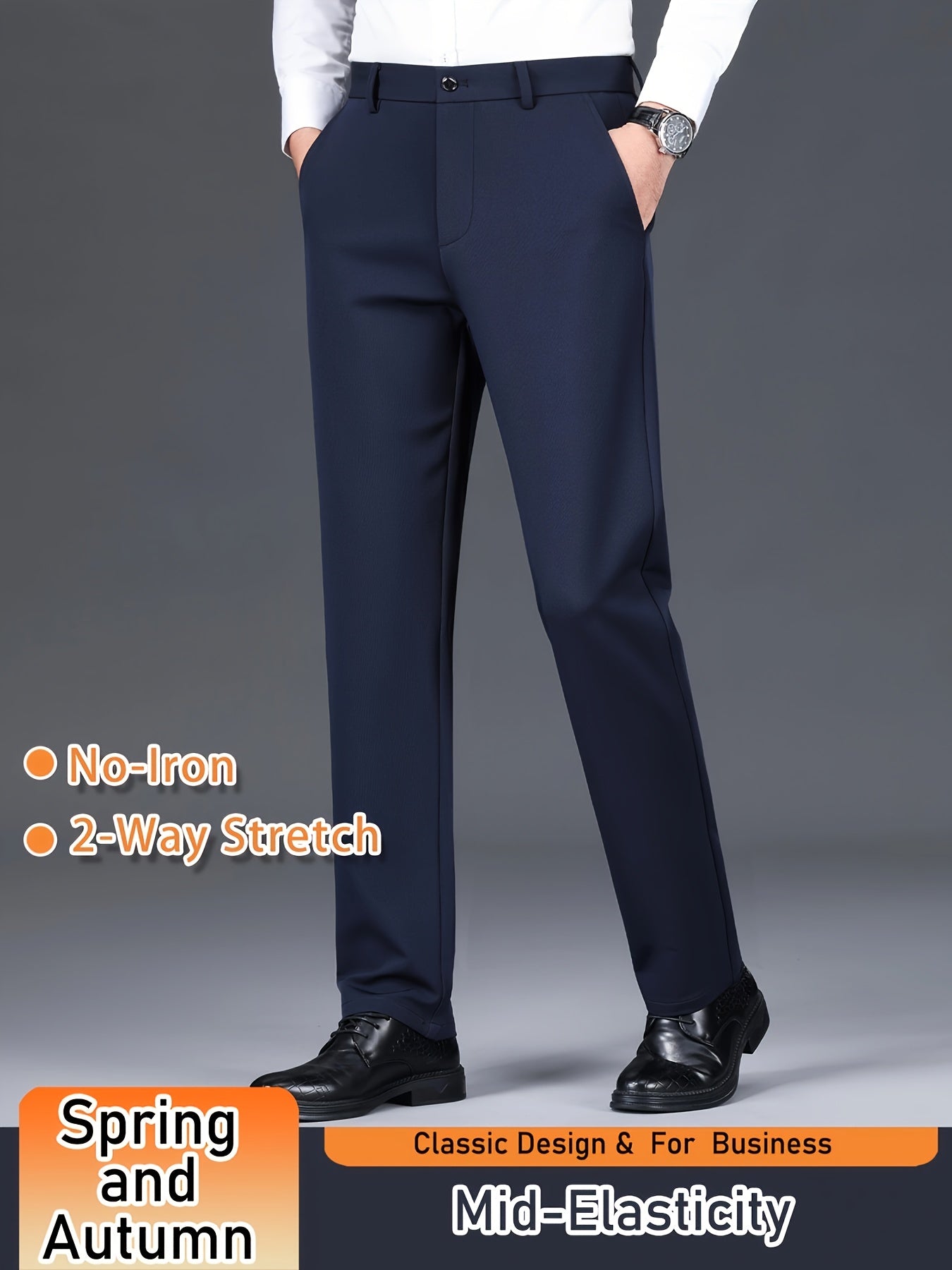 Men's Solid Color Dress Pants, Classic Design Slightly Stretch Formal Dress Pants For Business Occasions, Spring And Fall