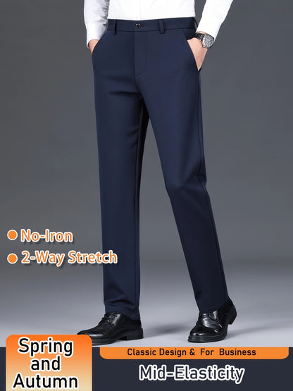 Men's Solid Color Dress Pants, Classic Design Slightly Stretch Formal Dress Pants For Business Occasions, Spring And Fall
