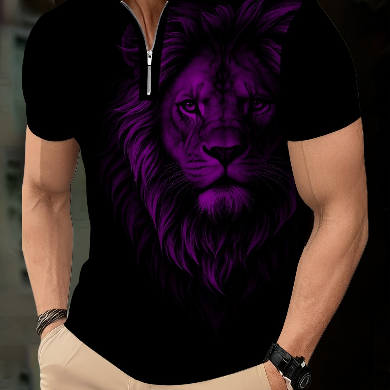 Men's Zip Shirt Short Sleeve Summer Trendy Lion Print Collar T-Shirt Business Casual Slim Fit Men's Top Women's Clothing - ayq