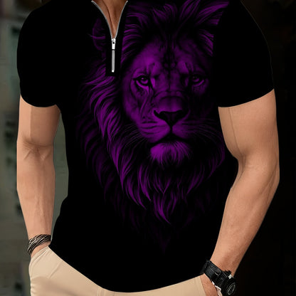 Men's Zip Shirt Short Sleeve Summer Trendy Lion Print Collar T-Shirt Business Casual Slim Fit Men's Top Women's Clothing - ayq