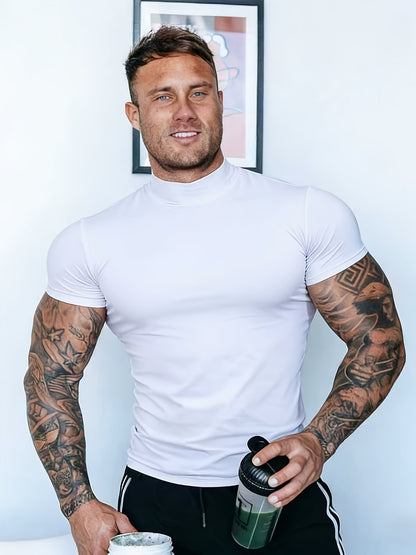 Summer Slim-Fit Stretchy Quick-Dry Running Fitness Short Sleeve Men'S High Neck Casual T-Shirt | Solid Color, Ideal for Sports and Casual Wear - ayq