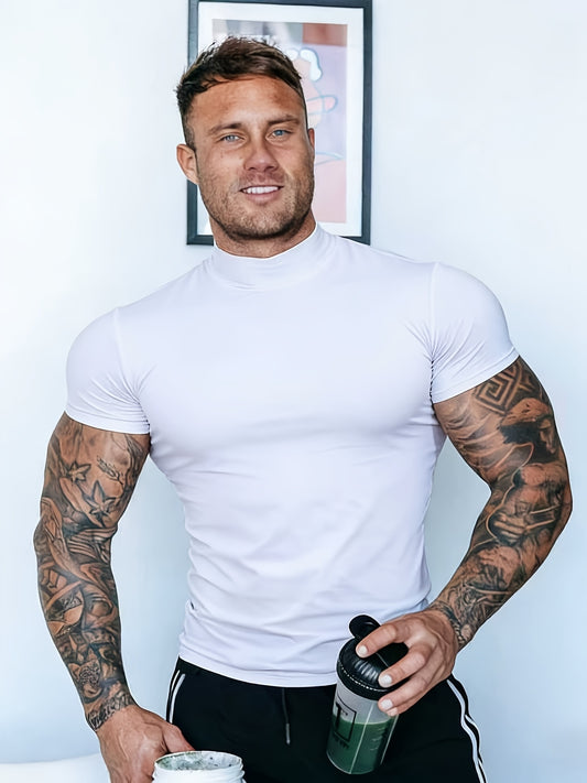 Summer Slim-Fit Stretchy Quick-Dry Running Fitness Short Sleeve Men'S High Neck Casual T-Shirt | Solid Color, Ideal for Sports and Casual Wear - ayq