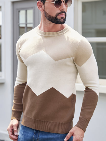 Տղամարդու կլոր վզնոցով սվիտեր աշնանային և ձմեռային համար, առօրյա երկար թևքերով, եռագույն երկրաչափական նախշերով և ժակարդե գործվածքով