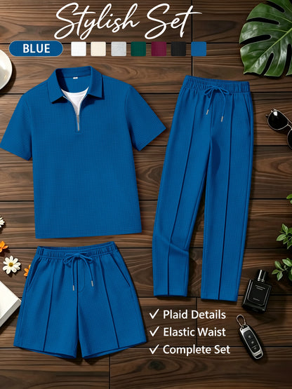Men's Summer Casual 3-Piece Tracksuit Waffle Knit Half-Zip