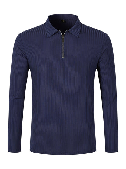 Men's Casual Sports Ribbed Long Sleeve Zipper Lapel Golf Shirt, Spring And Fall