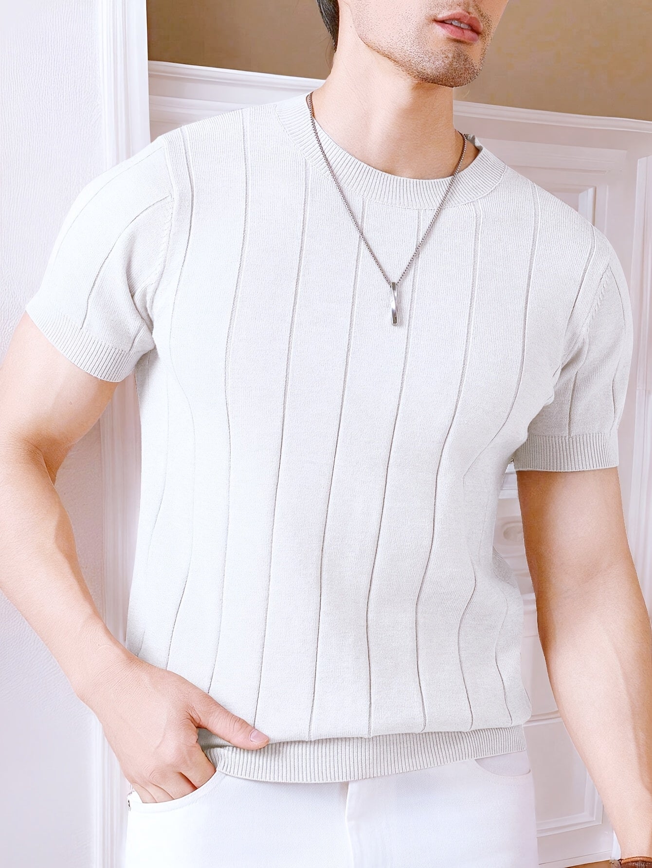 New Summer Short-Sleeve Knitted Men's Light Luxury Crew Neck Slim Fit Business Cool Y T-Shirt, Lightweight, Breathable, Versatile, Stretchy, Slim Fit Top for Men - ayq