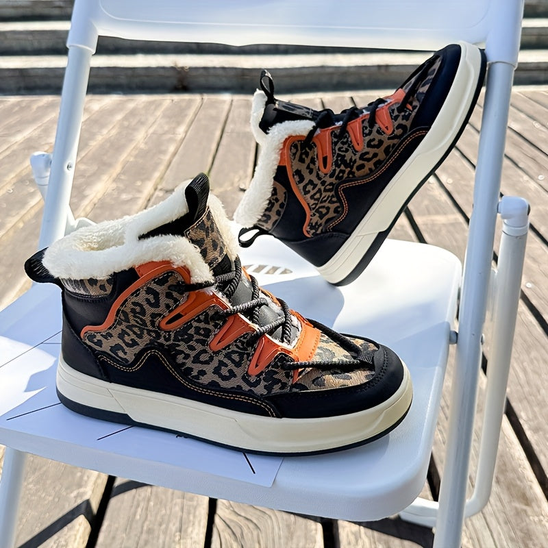 Women'S Stylish Leopard Print Winter Sneakers - Warm Fleece-Lined Casual Shoes with Thick PVC Sole, Black & Orange Design, Perfect for Fall/Winter Outdoor Activities, Winter Sneakers | Leopard Print Shoes | Durable PVC Sole