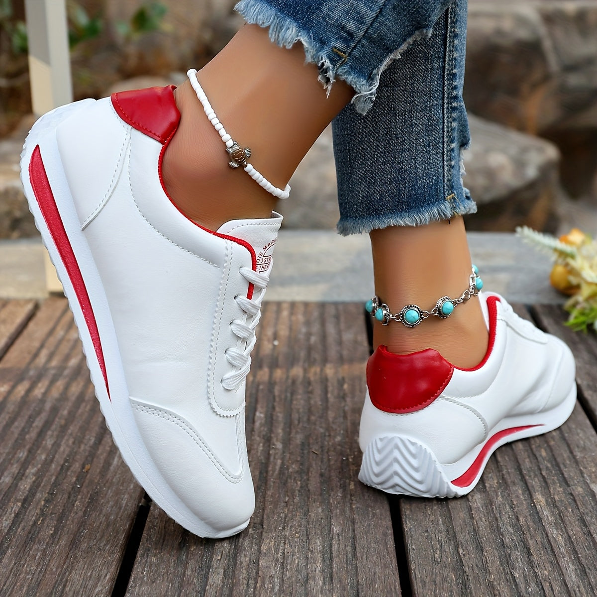 Women's Lightweight Casual Sneakers - White Synthetic Leather, All-Season Comfort, Stability Support, Breathable Fabric Lining, TPR Sole, Perfect for Casual Attire, Cute Shoes