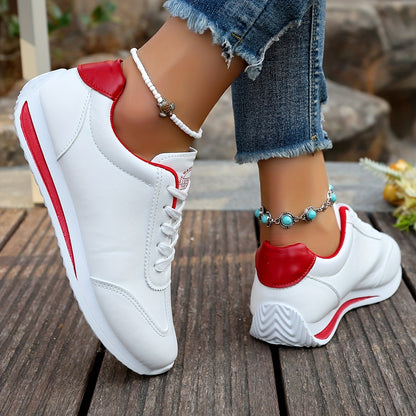 Women's Lightweight Casual Sneakers - White Synthetic Leather, All-Season Comfort, Stability Support, Breathable Fabric Lining, TPR Sole, Perfect for Casual Attire, Cute Shoes
