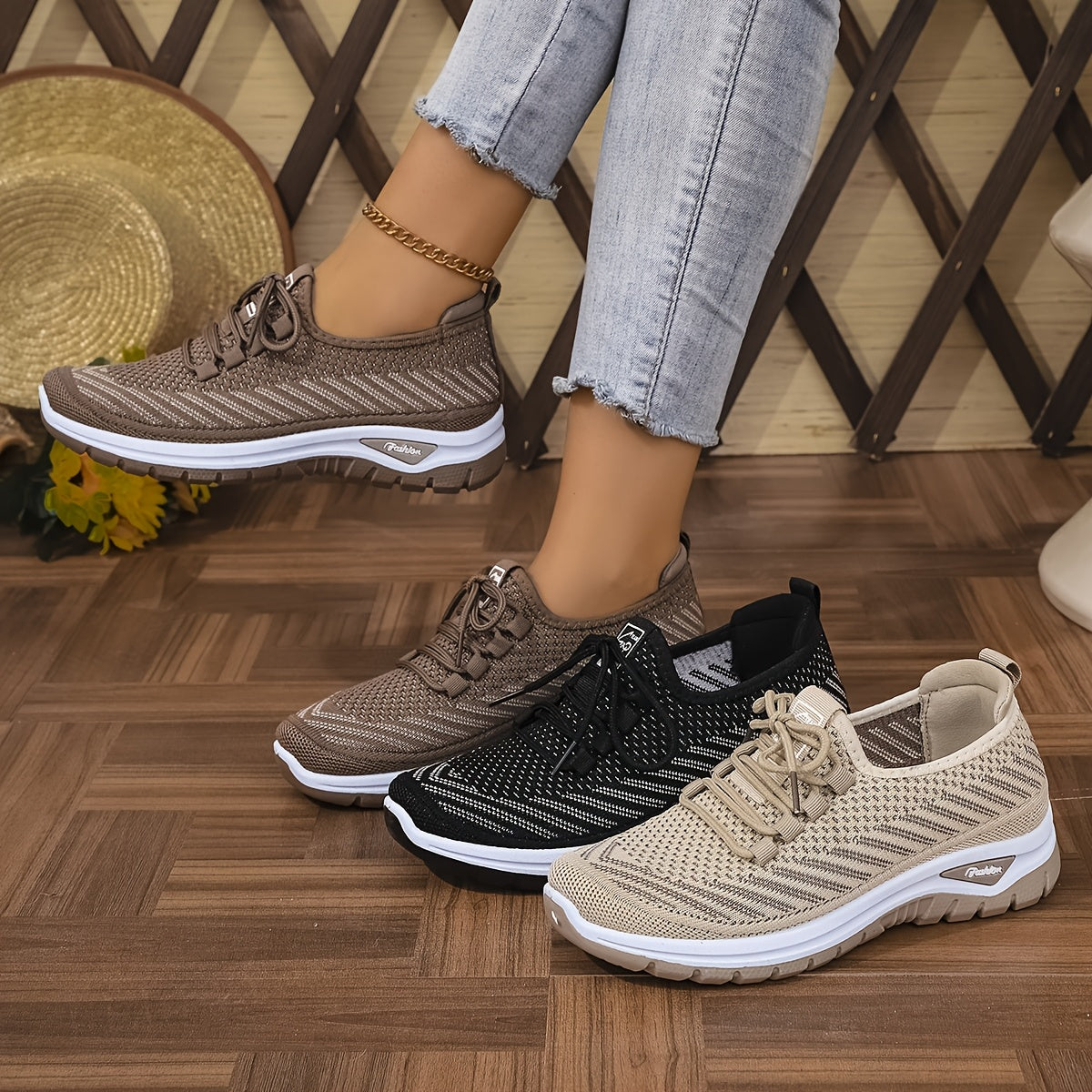 Women'S Knit Casual Sneakers - Stylish Striped Weave Pattern, Breathable Non-Slip Comfort Shoes with Rubber Sole for Outdoor Wear