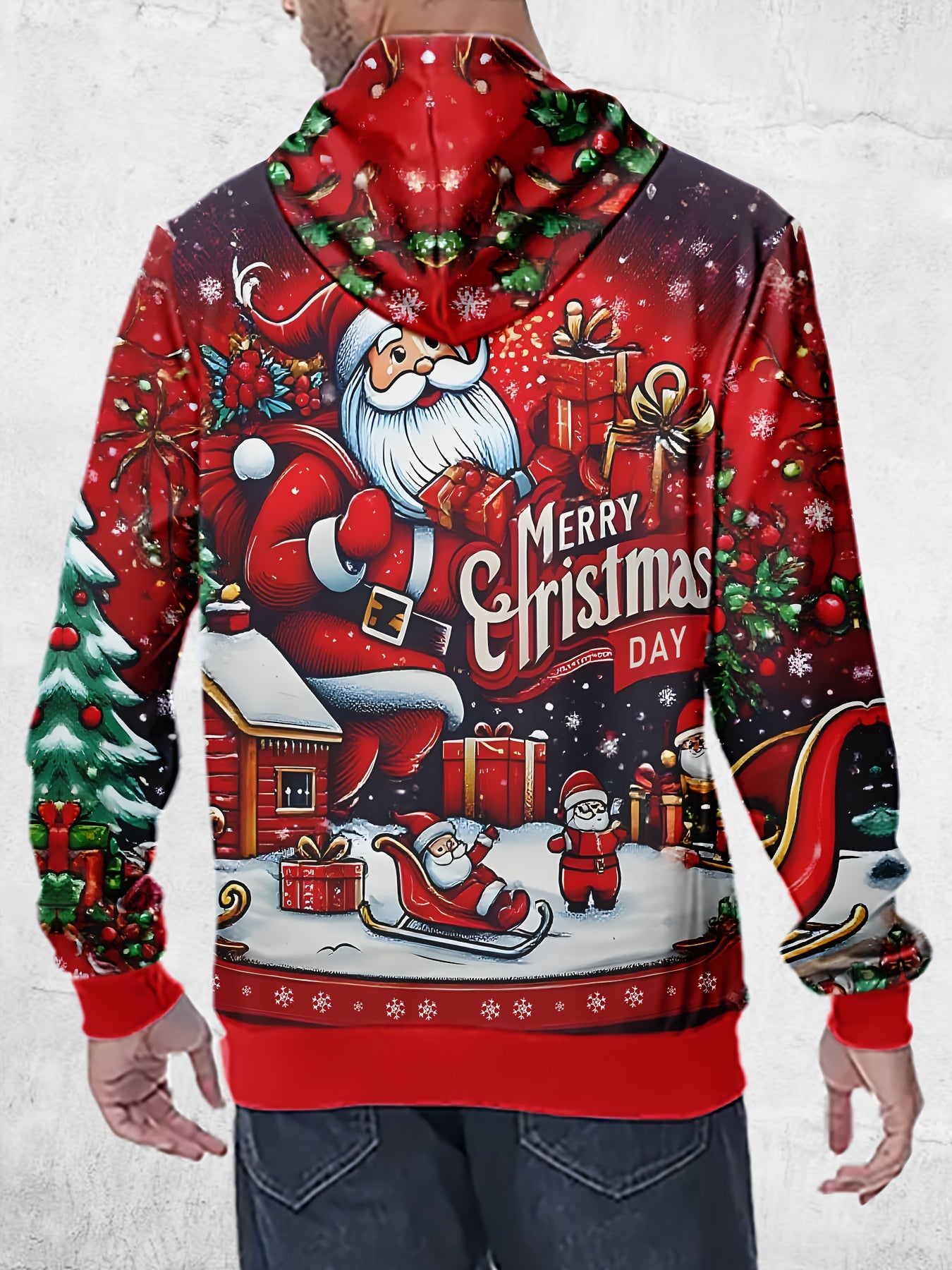 Men'S 3D Digital Print Hoodie - Festive Santa Claus & Christmas Tree Design, Red Casual Pullover with "Merry Christmas" Text, Long Sleeve, Regular Fit, Perfect for Holiday Celebrations, Christmas Hoodie