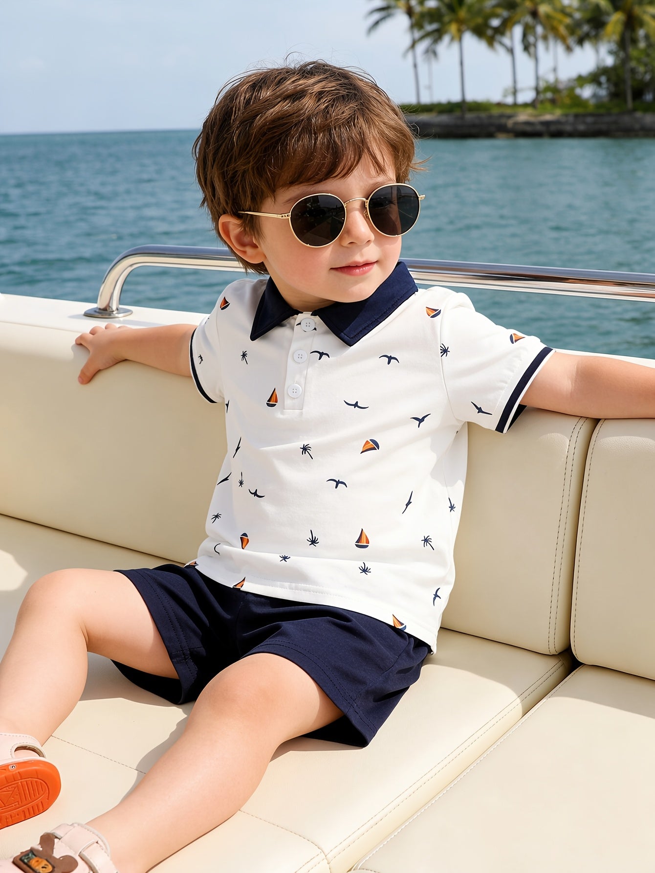 Boys' Summer Nautical Polo Shirt and Navy Shorts Set