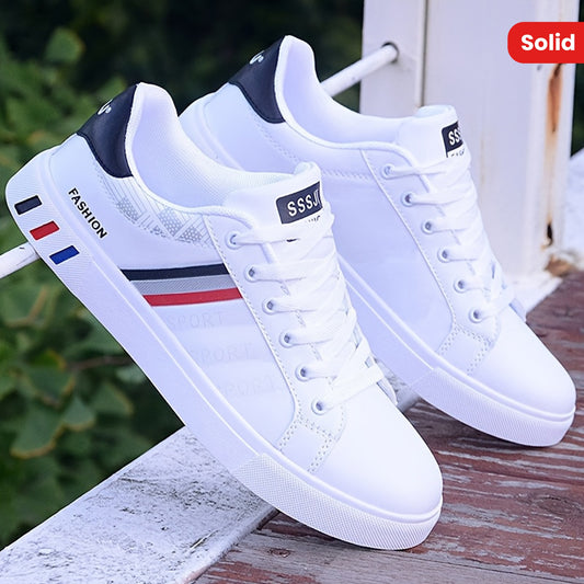 Men's Fashion Sneakers - Casual Sports Style, Solid & Striped Patterns, All-Season Low Top Lace-Up Shoes with Round Toe, Durable PU Upper, Fabric Inner, PVC Sole, Cloth Insole for Daily Wear