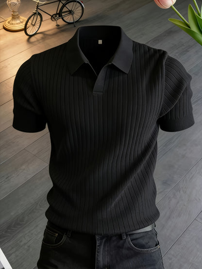 Men's Slim Fit Vertical Rib Knit Polo Shirt for Spring Summer